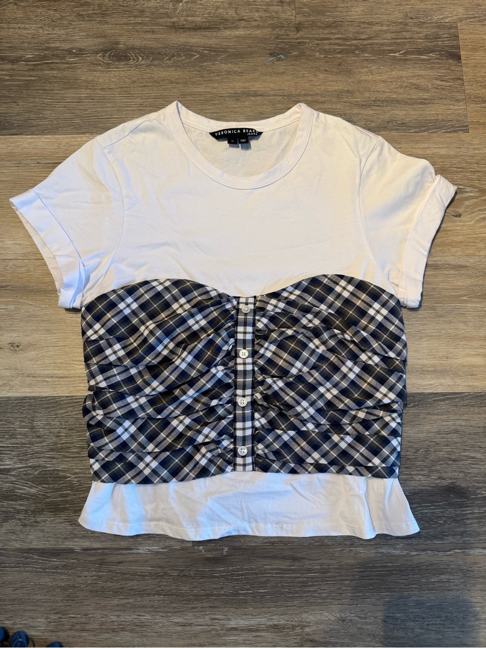 Veronica Beard White T-Shirt with Plaid Bustier Detail